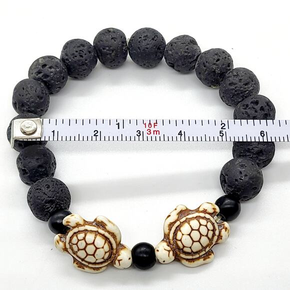 Black Lava Rock Dual Sea Turtles Beaded Stretch Elasticized Bracelet Unisex - Picture 6 of 7
